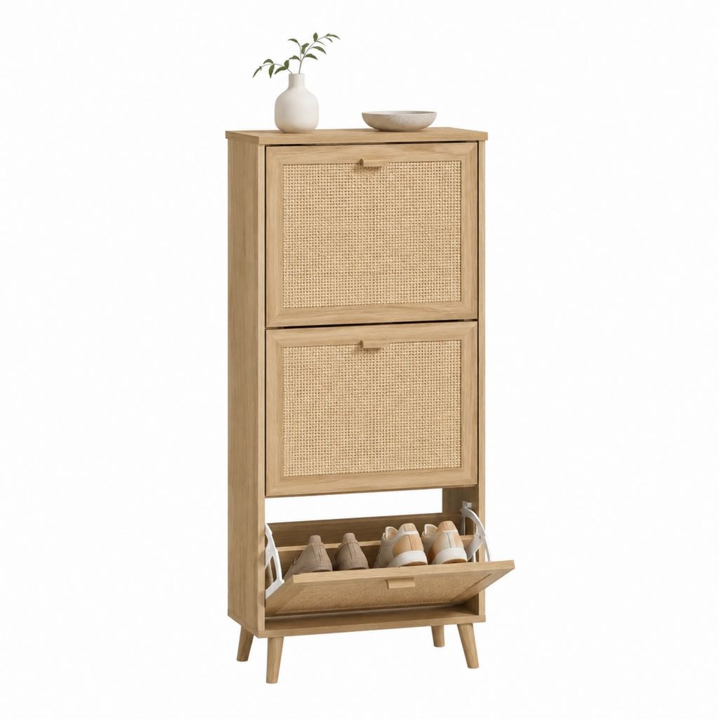 Schuhschrank mit 3 Klappen Natur Eiche MDF Rattan rechteckig 60 x 30 x 120 cm