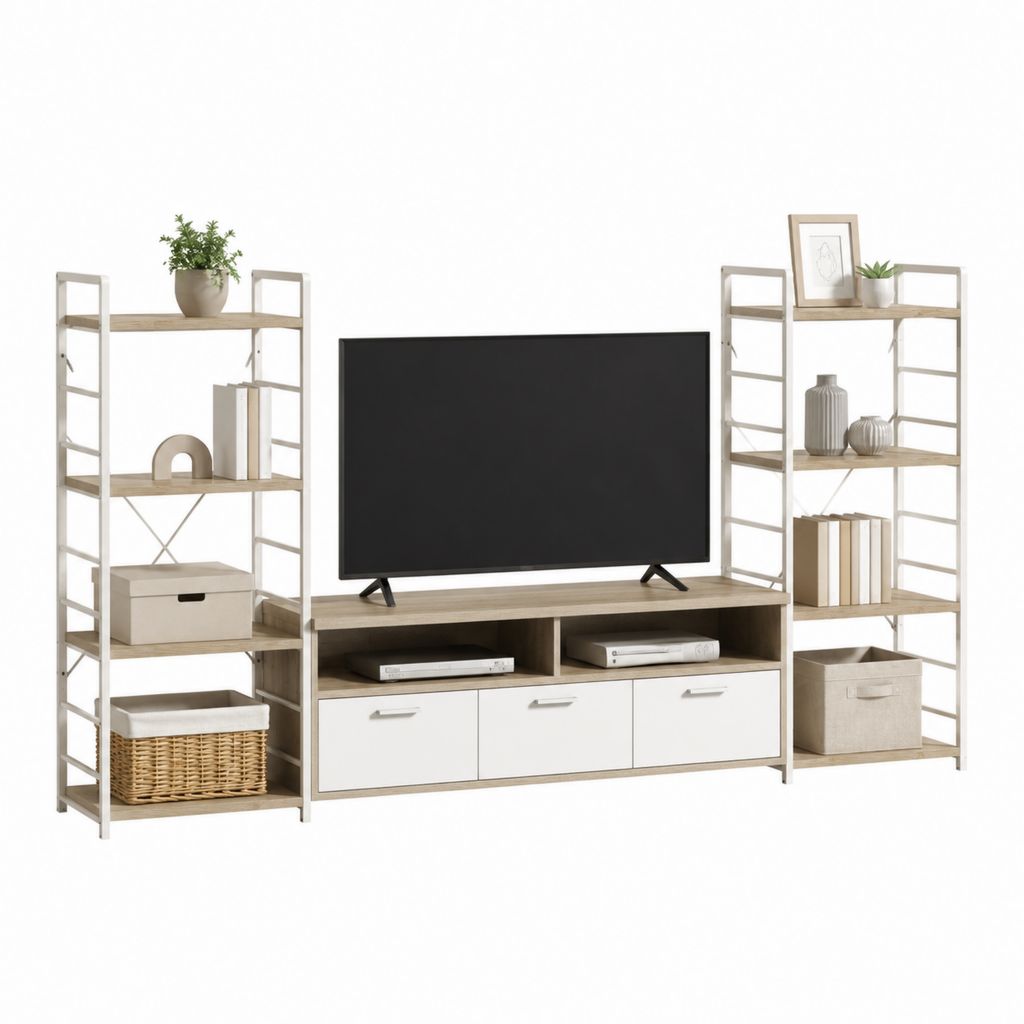 TV-Wohnwand 3-teilig Eichefarben Weiß aus Spanplatte und Stahl 240 x 40 x 180 cm