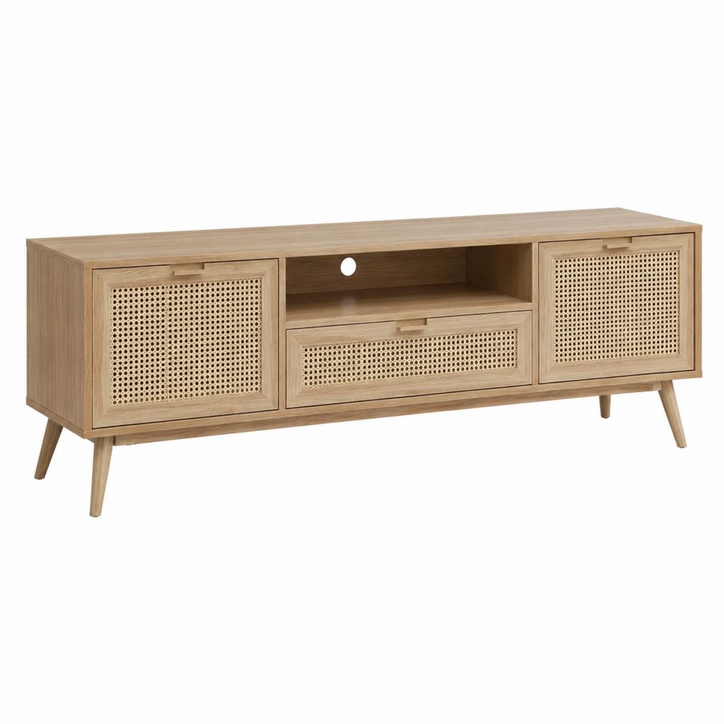 TV-Lowboard aus MDF mit Rattangeflecht in Eicheoptik rechteckig 160 x 40 x 55 cm