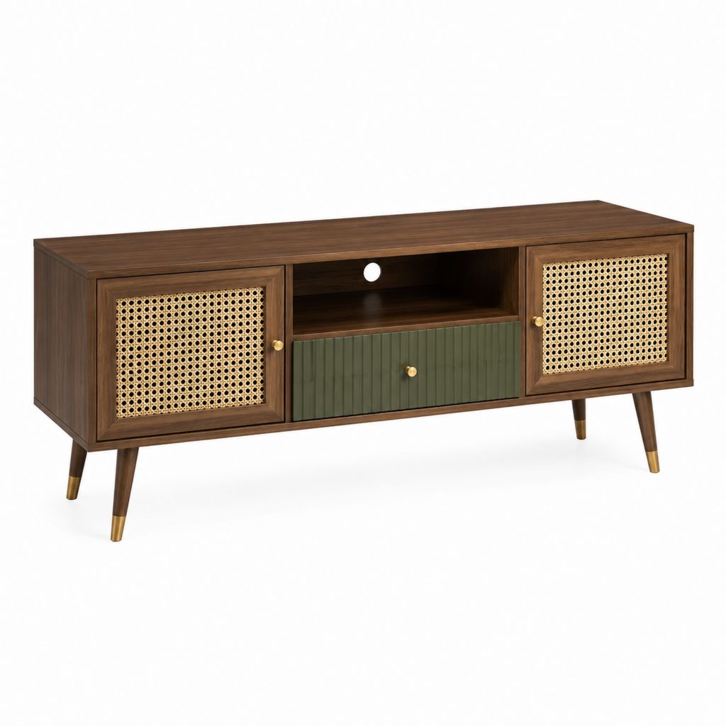 TV-Lowboard Walnussfarben MDF mit Rattangeflecht 140 x 40 x 60 cm