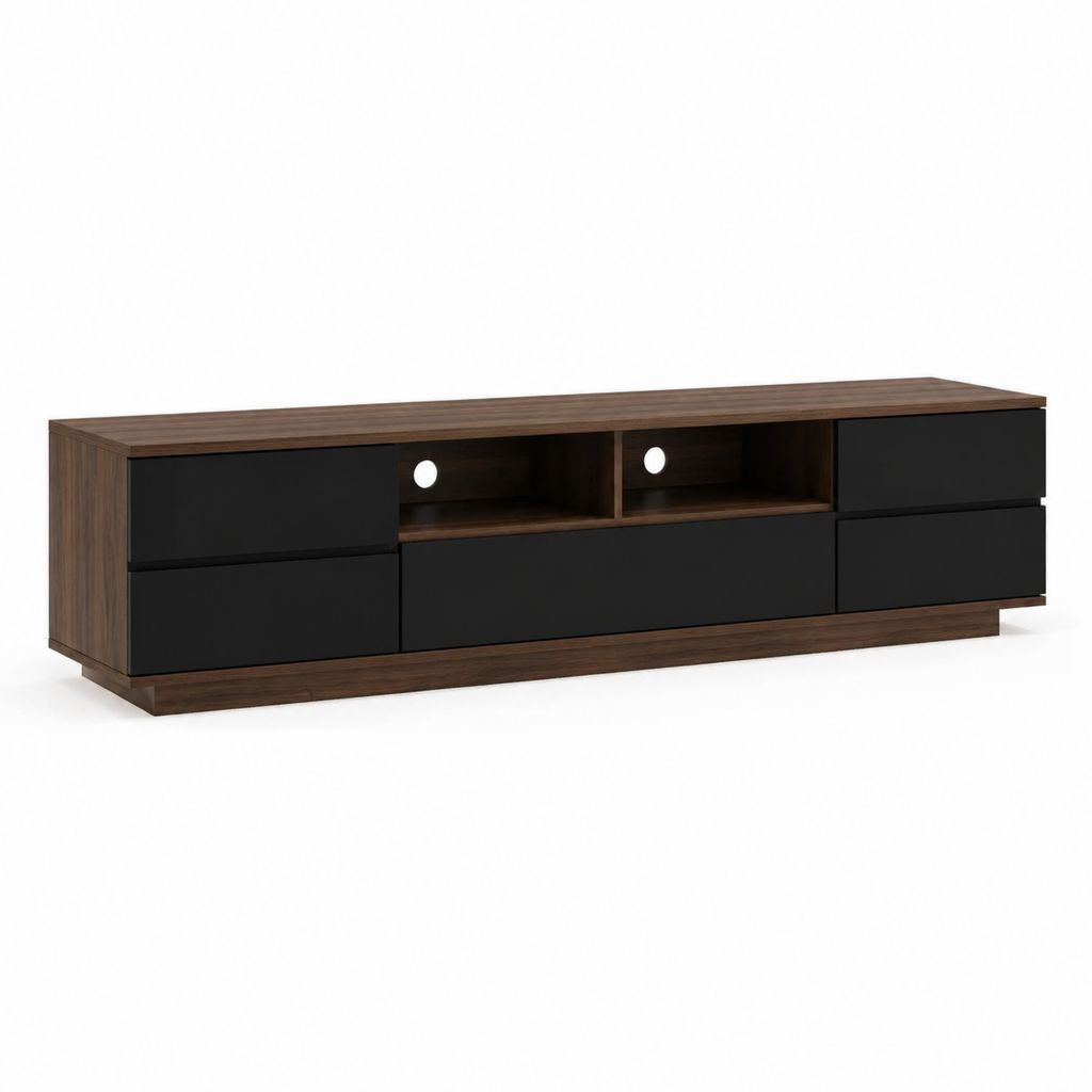 TV Lowboard Nussbaum Schwarz aus Spanplatte rechteckig mit 5 Schubladen 2 offenen Fächern 180 x 40 x 45 cm