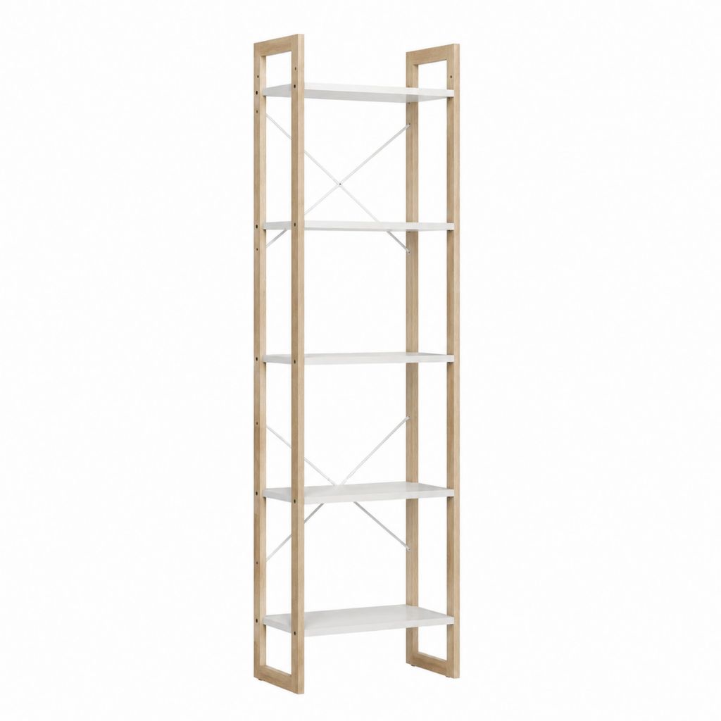 Standregal Bücherregal Weiß Natur Bambus MDF rechteckig 60 x 30 x 180 cm mit 5 Ablagen