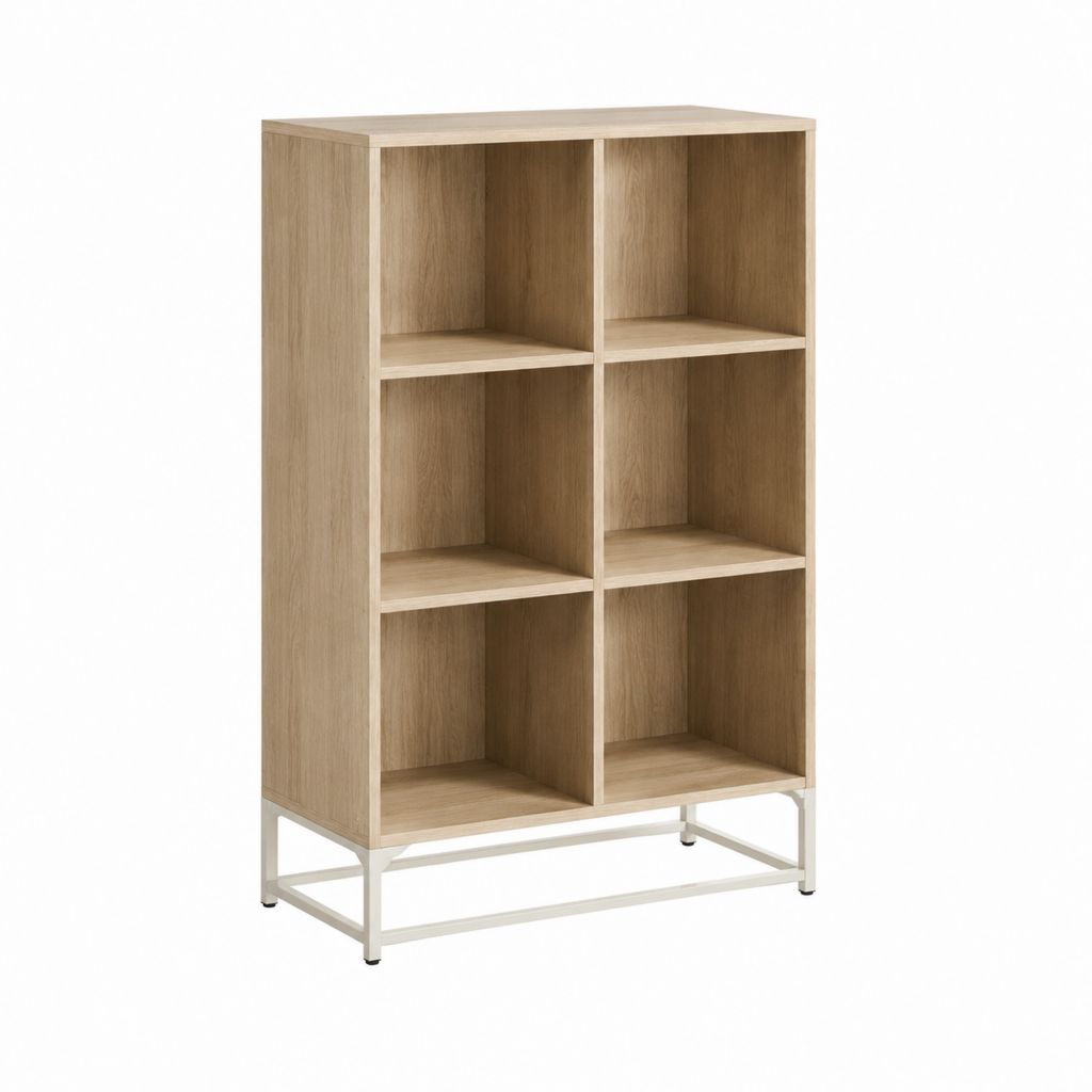 Bücherregal mit 6 offenen Fächern Eiche hell Spanplatte Weiß Stahl rechteckig 80 x 30 x 180 cm