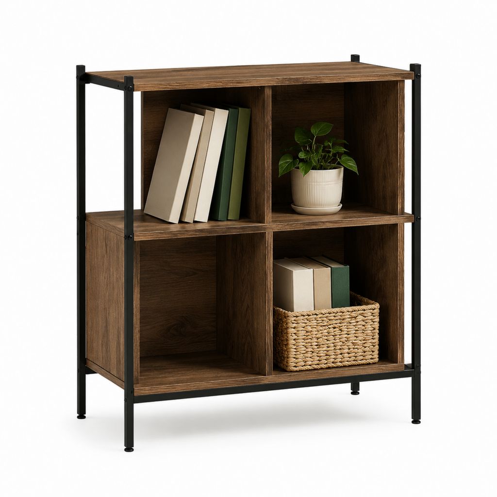 Bücherregal mit 4 offenen Fächern Braun Schwarz Spanplatte Stahl rechteckig 60 x 30 x 90 cm